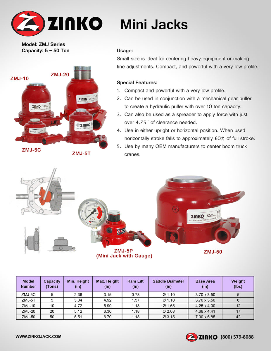 LOW PROFILE MINI BOTTLE JACK 20 TON MODEL ZMJ20 Zinko Hydraulic Jack